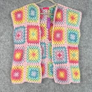 Rose Carmine Cardigan Womens OS Mohair Wool Crochet Grandma Squares Handmade NEW